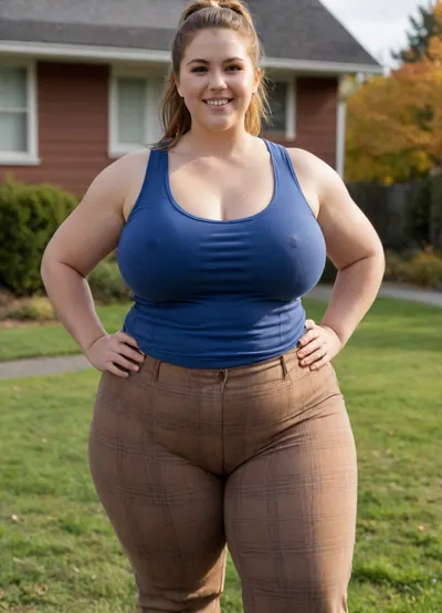 extremely detailed, candid picture, realistic photograph of a cute, chubby, 30-year old woman, Caucasian American, massive pust, pretty round face, light brown hair, PonyTail, (detailed chubby face), big hips, wide loose working trousers, (flannel shirt over tank top), happy expression, holding rake, standing on lawn of nice suburban house, autumn, sunshine, fat ass, strong thighs, flat, chest, big, breasts, huge, gigantic, hips, thighs, wide, thick, plump, belly, female, arms, extra, <lora:Venus_Body_Alpha:.3>