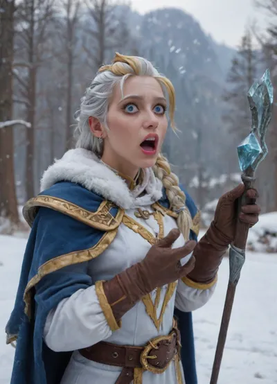 A tall, regal ice-sorceress kneeling, Her flowing robes are shaded in cool cerulean, icy silver, and pure white, embroidered with delicate frost motifs., (Voluminous wool cloak, frost-edged fabric), Her fitted bodice is laced with crystalline filigree, (leather belt), (leather pouches ancient runestones), She wears arcane gloves with sapphire insets, and her hair is styled in a long, elegant braid. Clasped in one hand is a slender staff carved from enchanted whitewood, topped with a swirling, frost-encrusted crystal radiating a soft blue glow, subtly swirling ice particles and casting a faint blue light on her, cool sleek light, (World of warcraft, Jaina proudmoore:1.6), cinewow, masterpiece, awardwinning, 8k, epic, trending on artstation, (frozen wasteland, tundra, frozen tundra, excessive snow accumulation), <lora:cinewow-step00000300:2>, (shocked:1.75), (mouth open:1.31), detailed lips
