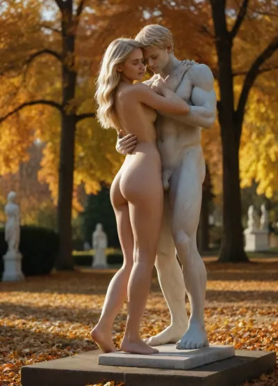 A naked barefoot blonde young woman embraces a naked marble male statue in an autumnally colored sunny park