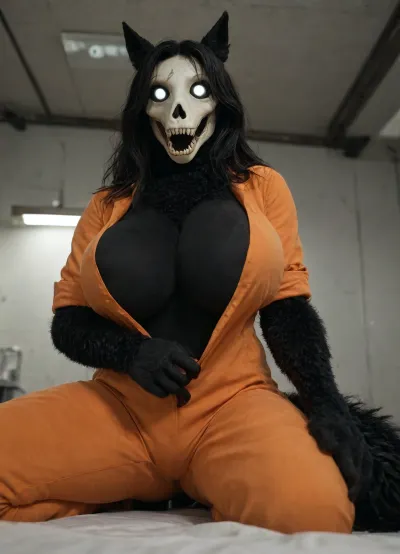 masterpiece, best quality, absurdres, highres, high quality, highly detailed, ((mammal female, Character, scp-1471-a, anthro woman)), (medium), 1girl, solo, scp-1471, (scp foundation), canine, monster, anthro, black fur, black hair, black sclera, white eyes, glowing eyes, sharp teeth, fluffy tail, looking at viewer, horny, (theme), from below, orange jumpsuit, ripped botton, gigantic breasts, toned, girl on top, pinning down viewer, BREAK
indoors, laboratory, dark room, dark, dim lighting