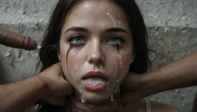 (masterpiece, best quality, photorealistic, ultra detailed, highres), 1girl, 20 year old outrageously beautiful woman, goddess-level symmetrical face, porcelain skin glowing softly, expressive grey blue eyes, heavy lashes, flushed cheeks, glossy parted lips, ultra voluptuous sensual figure with gigantic natural breasts, ultra narrow corseted waist, wide rounded hips, perfectly toned long legs, standing with one hip cocked, shoulders back, chest lifted, wearing a scandalously tight semi-sheer Belle Époque inspired corset dress, open neckline exposing full cleavage, corset fabric stretched taut over breasts, lace barely concealing nipples beneath embroidered layer, waist tightly laced creating extreme hourglass silhouette, translucent silk skirt hugging hips and thighs with visible panty lines under fabric, slit revealing smooth thigh, no outerwear or gloves, bare arms and shoulders, long ash-blonde hair in elegant vintage updo with long cascading waves to hips, ornate golden hairpins and tiny roses woven in, standing beside marble statue among pastel roses and sculpted hedges in the Tuileries Garden, late golden hour light grazing her skin, breeze pressing fabric to every curve, cinematic soft haze, HDR, shallow depth of field, ultra sharp focus, side view, (huge dick:1.12), (creamy deep deepthroat:1.4), (extreme oral sex:1.4), (huge massive white dick:1.4), (cum), (hands yanking hair hard, tufts of hair flying loose), (brutal face fuck), Blowjob, (tears in eyes:1.5), (running makeup), cum drips from nose, cum drips from mouth, (man is choking her from behind:1.4), ((mouth wide open)), impossible fit in mouth, (bound and shackled), (side angle view), giant big black dick, cumshot, bukkake, extreme close-up face, black hair, (completely glazed with thick milky white glossy cum:1.7), no skin visible beneath the slime layer, (smooth seamless coating:1.5), (slime oozing and flowing over facial contours:1.4), eyelids, lips, cheeks, chin all buried under the fluid, facial shape still subtly visible beneath the glaze, soft veil partially stuck to the slime, surreal beauty shot, high detail wet texture, cinematic lighting, dark soft background, artistic surrealism, close_up_detailed_shot_of1, reij-snrs, light, and, shadow, by, <lora:add-detail-xl:2>, <lora:cfg_scale_boost:2>, <lora:close_up_detailed_shot_of1:2>, <lora:dark:2>, <lora:sunriseSDXL-000009:2>