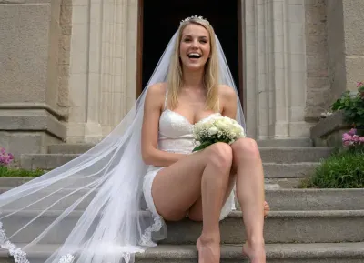 voyeur, wedding, wedding photo service, bride from far, outdoor, sit in front of a church, from below, sit on the steps, outdooor, open church door in the background, many people inside, Pantyless bride, blonde Polish MILF bride, handling a flower bouquet, Deanna troy face, long face, European MILF, skinny, skully, straight hair, veil on head, realistic, upskirt, showing legs, joyfull, happy, ((evil laugh)), <lora:1228684_training_data:.8>