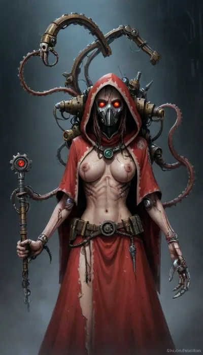 (Mechanicus, female tech priest:1), Full-length, cyberpunk, bionic body, ((mechanical tentacles)), mechanical arms mechanicus, robot eyes, high rank, dirty and torn red robe, hood, art by Hayao Miyazaki, wires and mechanisms in the body, cyborg, stunning eyes, gorgeous, twohanded axe, [3D], 0.9, best quality, masterpiece, perfect anatomy, highres, ultra-detailed, 8k wallpaper, illustration, texture, detail, unique, aesthetics, HDR, extremely detailed CG, beautiful detailed eyes, dynamic lighting, cinematic lighting, perfect face, ray tracing, cyberpunk city, pieces of flesh, body parts, iron fragments, wires, decay, fuel oil ., (((Servitors))), Servos of the Skull, <lora:AdvancedEnhancerXLv2:1.5>, <lora:Mechanicus-000005:.5>, <lora:Servitor:.8>