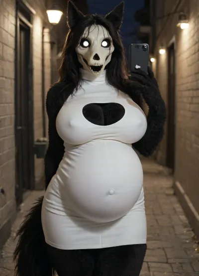 1girl, solo, ((anthro female, Character, scp-1471:1.3)), anthro woman, canine anthro, black fur, black hair, black sclera, white eyes, glowing eyes, (((furry art, fur, anthro woman, Big breasts, black fur, inflation fetish:1.3))), fluffy tail, white dress, cleavage cutout, turtleneck dress, skirt cutout, thigh cutout, selfie, outdoors, alley, dark lighting, night, nightclub, city, BREAK
masterpiece, best quality, newest, absurdres, highres, amazing quality, very aesthetic