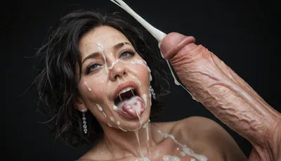 (milf:1.2), short black hair, messy hair, voluptuous, very busty white woman, naked, massive breasts, happy, amused, looking at a massive cock of a black male with a gigantic thick 25 inch penis, big testicles, huge erection, masturbating, (ejaculation:1.4), (gaping mouth:1.2), tongue sticking out, (realistic excessive thick runny cum all over her face and body), mouthfull of cum, cum dripping out of her open mouth, nose full of cum, mouth full of cum, lots of very thick cum, loads of cum, woman, on, face, excessive bukkake, cum, facialized, superfacialized, cum dripping from mouth, black room, black background, black background.