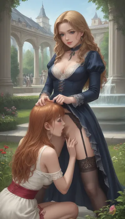 (in french garden), in Paris, (on lawns), on grass, in garden, fountain, Arc de Triomphe of the Carrousel, view on tuileries garden, two beautiful women, 25 year old, long hair, panties down, luxurious lace panties with embroideries, light smile, pulling down unbuttoned lace dress, garter belt, stockings, (view on louvre museum), fingering, cunnilingus, show hairy pussy, dildo penetrating, louvre, <lora:Louvre_SDXL-000009:.8>