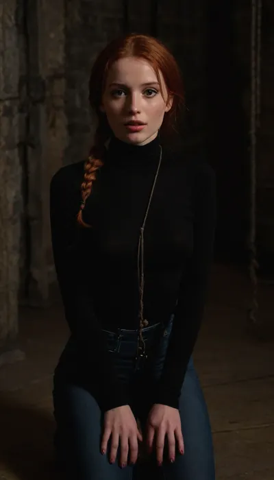Very cute 28yo redhead girl, very beautiful and cute, very pretty, fully clothed, wearing black turtleneck and jeans, skinny face with cheekbones, very sexy, ((full body view)), in a dark basement, ((slave)), (((down on her knees))), masterpiece, ((hands tied)), ((bondage)), ((8k ULTRA HD)), perfect face, ultra detailed face, young and beautiful, big, lips, <lora:Beautify-Supermodel-SDXL:1.3>, <lora:315758_training_data:1.6>
