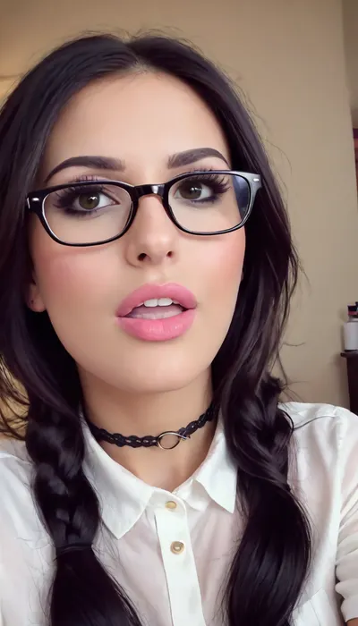 woman sssniperwolf is wearing glasses and choker necklace, extreme close up, highly detailed face wearing heavy makeup, (visible pores:.35), (highly detailed skin:.3), wearing a white button down shirt, best quality, sweetegl, sweetop, swe3tjsk, bl0use, <lora:sssniperwolf_XL:1.8>, <lora:SweetLolitaXLv4.23:.8>
