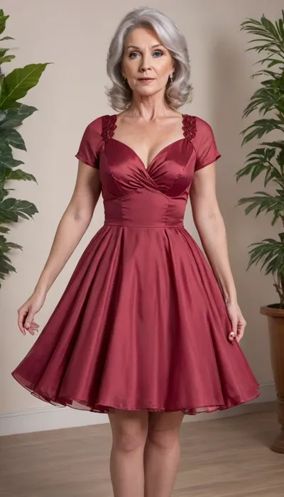 (mature:1.9), (gilf:1.9), (burgundy diaphanous circle dress:1.8), blazer, very busty, large hanging tits, The image shows a well-dressed old woman with a confident yet seductive expression, looking directly at the camera, Her long hair is neatly tied back, and her makeup is natural and subtle, Black lace stockings, The background appears to be an elegant indoor setting, likely an office or hotel, with plants and wooden doors visible, The overall impression is minimalist, simplified, formal, business, professional, and sophisticated, <lora:xl_princess_dress-2.0:1.1>, <lora:xl_diaphanous_dress-1.0:1.2>, circle, dress, <lora:8fcf1204-8988-4a6b-81d6-6595f4184458.TA_trained:.8>