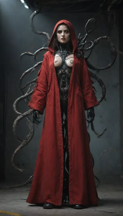 (Mechanicus, female tech priest:1), Full-length, cyberpunk, bionic body, ((mechanical tentacles)), mechanical arms mechanicus, robot eyes, high rank, dirty and torn red robe, hood, art by Hayao Miyazaki, wires and mechanisms in the body, cyborg, stunning eyes, gorgeous, twohanded axe, [3D], 0.9, best quality, masterpiece, perfect anatomy, highres, ultra-detailed, 8k wallpaper, illustration, texture, detail, unique, aesthetics, HDR, extremely detailed CG, beautiful detailed eyes, dynamic lighting, cinematic lighting, perfect face, ray tracing, cyberpunk city, pieces of flesh, body parts, iron fragments, wires, decay, fuel oil ., (((Servitors))), Servos of the Skull, <lora:AdvancedEnhancerXLv2:1.5>, <lora:Mechanicus-000005:.5>, <lora:Servitor:.8>