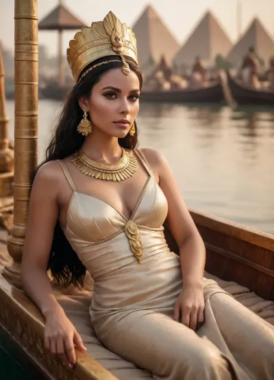 A fictional Nile queen reclining on a gilded lotus barge, diaphanous linen dress slipped to show hip and boobs and beautiful legs, heavy kohl, wide gold collar, servants pouring wine, papyrus reeds and pyramids at sunset, lush cinematic luxury.