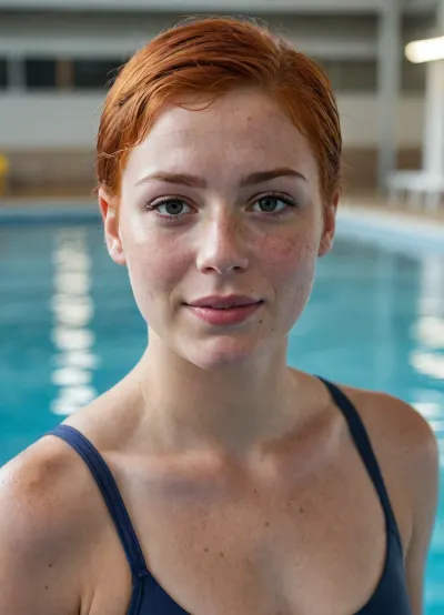Young female athlete swimmer chubby.Red-haired, short haircut.Wet body, wet hair.An empty sports pool. Big, very strong shoulders.Very strong forearms. A broad-shouldered swimmer.A strong body. An evil look at me from under his brows.Brown eyes.Big-mouthed, big-lipped.Smirk.Very freckled body.Very thick freckles on the face.