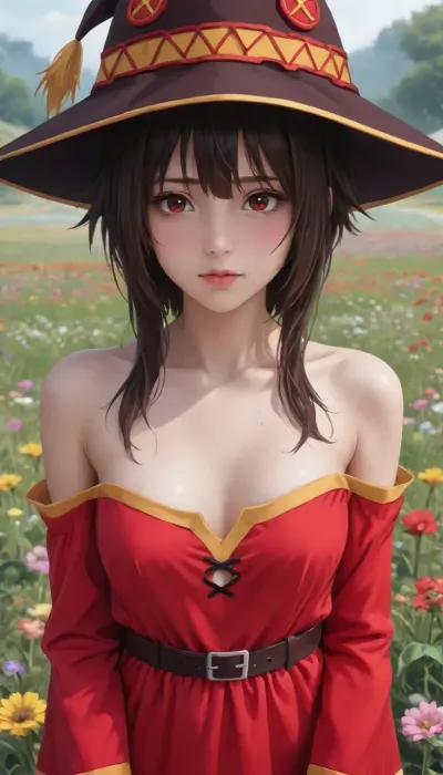Megumin, breasts out, highly detailed, flower field, megumin_, (konosuba), red, eyes, short, hair, brown, <lora:outline_xl_kohaku_delta_spv5x:.6>, <lora:NEOTOKIOXL_0.2_RC:1.2>, <lora:Ppolar-P3v1-NbVp10:.5>, <lora:megumin_konosuba xl:1.5>