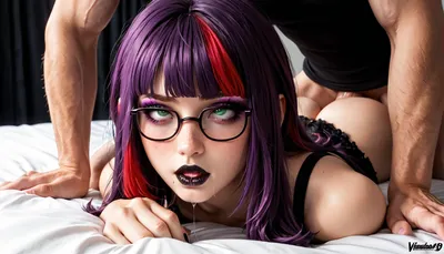 sexy goth woman, 18 years old, with long hair and bangs, her hair is purple hair with red highlights, her name is Meg, she has freckles, she wears glasses, she has green eyes, she is British, she wears eyeliner, mascara, purple eyeshadow, black lipstick, she voluptuous, she has large breasts. prone bone sex, fucked by a big cock, balls deep, too deep, eye rolling, drooling, <lora:SDXLFaeTastic2400:.8>, <lora:add-detail-xl:.8>