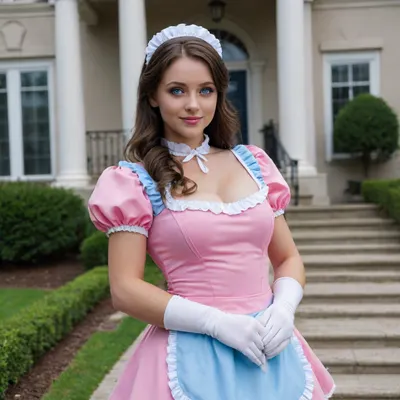 2girls, cute, brunette, long hair, (bright blue eyes), curvy, busty, big tits, (pink and blue maid outfit), white gloves, black choker, non-nude, smiling, standing, mansion, outside perfecteyes, bright, blue, eyes, <lora:681678_training_data:.8>, <lora:bright_blue_eyes:.8>