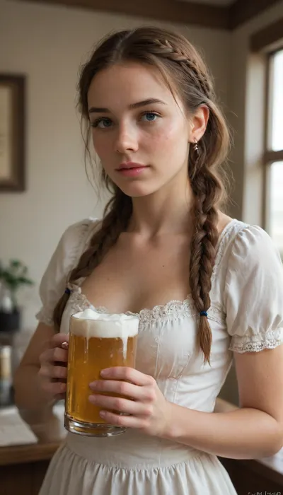 masterpiece, best quality, (realistic:1), (flat color:2), (no lineart:1), (artist, incase:.1), (artist, tsuaii:.1), bright colors, high contrast, saturated, Katja is dressed for an Oktoberfest-themed scene. freckles across her face, blue eyes, small breasts, and vibrant red hair styled in two braids. She wears a short dirndl and she is holding a large pretzel in one hand and a beer stein in the other. Her expression is warm and inviting as she stands in an authentic beer garden, radiating joy and happiness.
Volumetric Lighting