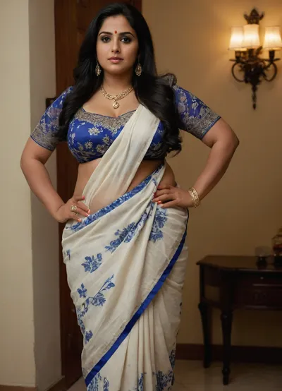 Indian beauty, milf, oversized bbw. Oversized thick thighs and oversized wide hips. Bulge beast, decollete short sleeves blouse Figure hugging ivory and cobalt ditsy floral saree. Big earrings and big necklace long black hairs on to 1 side. Full body photo. Seductive posing. View from side.
