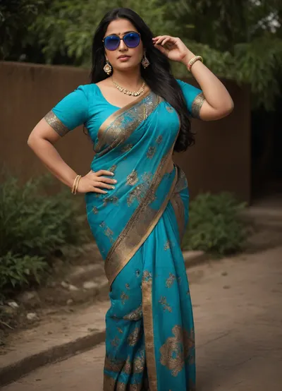 Indian beauty, milf, oversized bbw. Oversized thick thighs and oversized wide hips. Bulge beast, decollete short sleeves blouse Figure hugging cyan and cobalt ditsy floral saree. Big earrings and big necklace long black hairs on to 1 side. Full body photo. Seductive posing. View from side. Brown Sun glasses