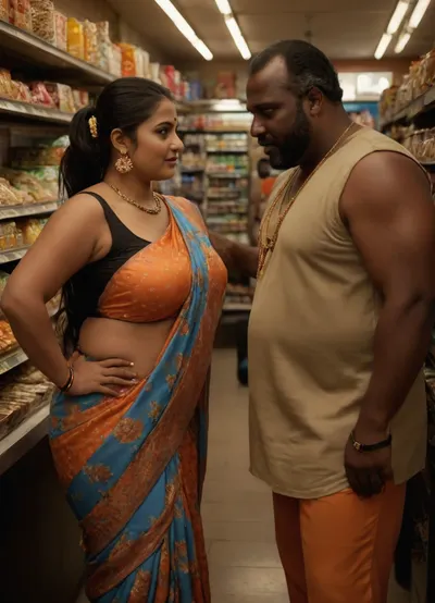 Man and woman, Indian beauty, milf, oversized bbw. Oversized thick thighs and oversized wide hips. Bulge beast, decollete sleeveless blouse Figure hugging orange and blue ditsy floral saree. Big earrings and big necklace long black high ponytail hairs on to 1 side. Full body photo. Seductive posing. View from side. sweet shop vendor selling sweets holding hands with aged african fat man