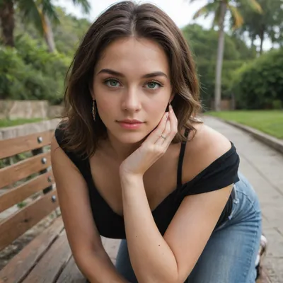 Photorealistic image of a mature, full-figured Mediterranean woman kneeling on all fours beside a cushioned bench in a resort garden lounge during late afternoon. She wears a fitted black blouse and dark-wash high-waisted jeans that hug her curvy figure, including her full hips and soft midsection. Her chestnut brown hair with silver strands falls around her face as she looks up at the viewer with expressive light blue-green eyes and a playful smirk. She is searching under the bench for her phone. Her wedding ring with a large diamond is visible on her left hand. The lighting is soft and natural, with palm leaves casting gentle shadows. The mood is lighthearted and subtly intimate.