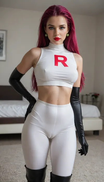 1girl, chubby cosplayer, (Hiperrealistic style), amateur 8k photo, luxurious bedroom black theme, (Pokémon’s Team Rocket Jessie), (Pokémon’s Jessie Team Rocket outfit:1), (hiper detailed body), (25yo), (slim and curvy figure), (wide waist), (defined hips), (long toned legs), (wide bubble butt), (moderate natural bust), (elegant, confident posture), (smooth fair skin), (chubby physique), thick thighs, (very long magenta hair styled in a high side-swept coil), (large blue eyes), (soft purple eyeshadow), (red lipstick), (white crop top with a red “R” emblem), (white skin tight pants), deep cameltoe, (thigh-high black boots), (black satin opera gloves)