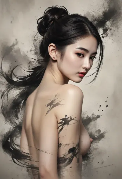 A stunningly beautiful Japanese woman in a dynamic and elegant pose, black hair styled into traditional Japanese bun, (Japanese ink wash), swirls of black calligraphy ink and expressive splatters surround the body, (nude), (pretty face:1.8), (perfect nose:1.8), slender body, perfect legs, fair skin, (full body portrait), <lora:Midjourney Image Enhancer XL v1:.8>