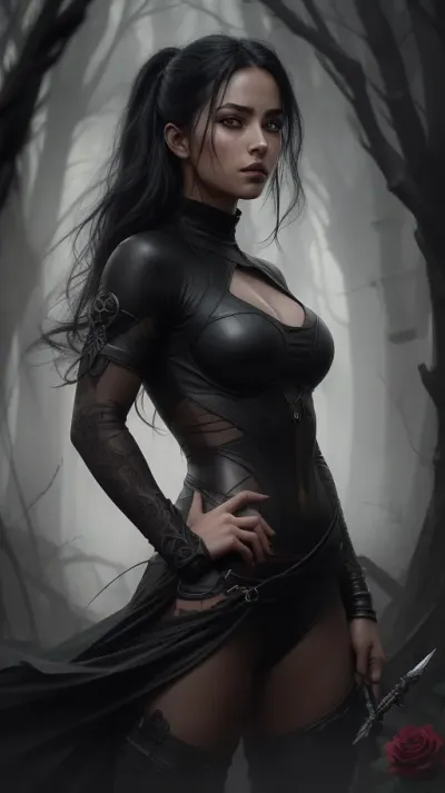 generate a conceptual art, of a blDark scenery, dark light, dark environment, muscular female fighter, baggy black jogger pants, small black dagger, brown eyes, prominent pupils, dark masterpiece, full body size, oriental fantasy theme, underworld, spectacular black hair, serene gaze, color grading, dark illustration, the person in the middle, extreme quality, radiant and serious face, extremely detailed, ultra detailed, ultra hd 8k, ultra digital, mythical, dark ray, concept art portrait by Greg Rutkowski, art, hyper detailed, intricately detailed gothic art, dark gothic fantasy style, triadic colors, fantastic, intricate detail, splash screen, complementary colors, fantasy concept art, 8k resolution, deviantart gothic masterpiece, oil painting, heavy strokes, soft lighting, film photography, analog photography, film grain, Anna Dittmann, hyperrealism, oil dripack dagger wrapped around a black rose