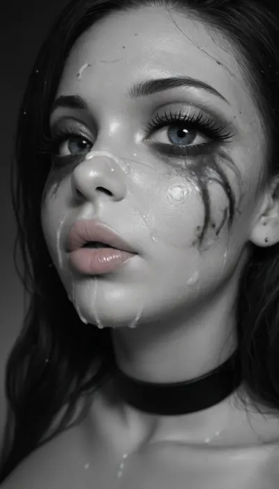 (Young petite tiny cutie girl:1.7), 18 years old, (((masterpiece))), (shiny skin), (((close-up face:1.8))), (skinny:1.5), brown long hair, (blue eyes), (night makeup:1.5), (naughty girl:1.4), (((very very big long eyelashes))), (very busty:1.7), (ab crack), ((wet Skin)), ((cum on face)), choker, (Bukkake:1.3), covered long erect nipples, ((shyness)), (face reddened with shame:1.5), shadows, bright light patches, light caustics, (side view:1.5), (Dynamic angle:1.5), (((best quality))), side view, amazing quality, high contrast, volumetric lighting, (((monochrome:1.9))), intricate details, (extra detailed:1.3), view from side, (((photorealistic))), (((very big lips))), pink lipstick, facialized, superfacialized, <lora:illustrious_styles_v3_vpred:.1>, <lora:678016_training_data:.8>, <lora:facialized:.8>, bukkake, cum, <lora:MS_Real_XL_Bukkake:.8>