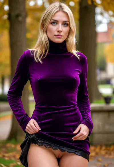 (masterpiece, best quality:1.2), 1 czech mid age woman, (1 woman in dark purple velvet minidress, leather boots:1.4), short dyed blonde bangs hair with middle parting, hair tucked behind the ears, green eyes, outdoors, in sunny cold autumn bohemian castle park, she goes for a walk, (her face is covered with cum, cum on her chest, cum on clothes, cum threads drip from chin:1.4), photorealism, braless, Wearing, clothes, that, make, sense, with, Braless>, <lora:style_lora_realis:.5>, <lora:bralessSDXL_v1_00022:.5>, skirtlift, <lora:skirtlift_xl:.8>