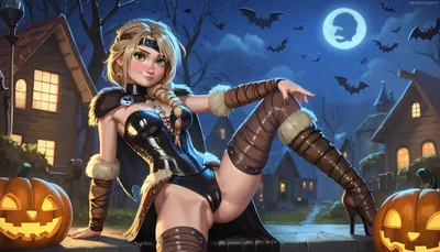 how to train your dragon, astrid hofferson, contrapposto pose, tight sexy Halloween costume, cameltoe, night, Halloween