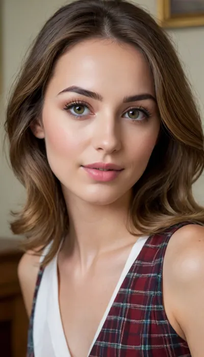 The face follows a harmonious oval shape with balanced horizontal and vertical symmetry. High cheekbones create natural contouring, while the forehead occupies one-third of the facial height. Eyes are set exactly one eye-width apart, almond-shaped, and framed by symmetrical eyebrows that follow the orbital bone structure. The nose width matches the distance between the inner eye corners, and the philtrum, (nose-to-lip distance), measures 1.0–1.2 cm. Lips adhere to the golden ratio—the lower lip 1.6 times fuller than the upper. The jawline angles at 120–130 degrees, and the face divides into three equal vertical zones, hairline to brows, brows to nose base, and nose base to chin.
The body stands at a proportional 7.5–8 head-heights. Shoulders are slightly wider than hips, (by 2–3 cm), with a waist-to-hip ratio of 0.7—typically a 60–90 cm difference. Legs compose 51–53% of total height. The neck circumference equals twice the wrist circumference. Muscle tone is refined yet defined, a natural spinal curve postured elegantly, a toned abdominal core, and limbs that are slender but strong. Movements are fluid—feet align straight when walking, arms swing naturally, and the neck turns gracefully. Every curve follows the golden ratio, blending mathematical precision with organic grace.
Possessing striking facial features with perfect symmetry.Flawless skin, piercing gaze, and a natural smile capable of conveying a full spectrum of emotions, from subtle mystery to open joy. Graceful posture and fluid movements create an aura of ease and confidence in every frame. A master of transformation, able to shift from delicate romance to bold modernity in seconds. Demonstrates an innate understanding of light and space, working effortlessly with any angle. Executes photographers' and stylists' visions with mathematical precision while maintaining creative vitality. Differently very sexy position bent over., (masterpiece, best quality, detailed face, detailed eyes, high resolution:1.1), (cute tall tall:1), (beautiful face:1.1), (beautiful eyes, illustration, 8k:1.1), class, 30 yo adult student shows her beautiful big round ass with skirt lifted, looks directly into the eyes of the viewer, A beautiful adult student in college uniform on table, empty class, white, ((satin blouse and plaid skirt)), blackboard, thin, [[small petite ass]], thin hips, long dark wavy hair, perfect body, small ass, penis, is, getting, fucked, by, man, doggystyle