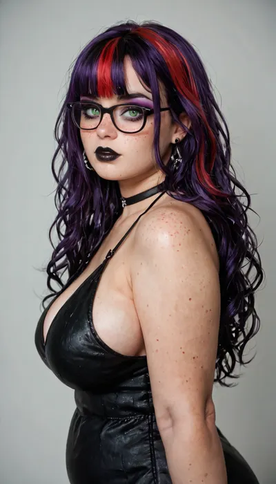 sexy goth woman, 18 years old, long hair and bangs, purple hair with red highlights, freckles, glasses, green eyes, British, eyeliner, mascara, purple eyeshadow, black lipstick, chubby, large breasts, black dress