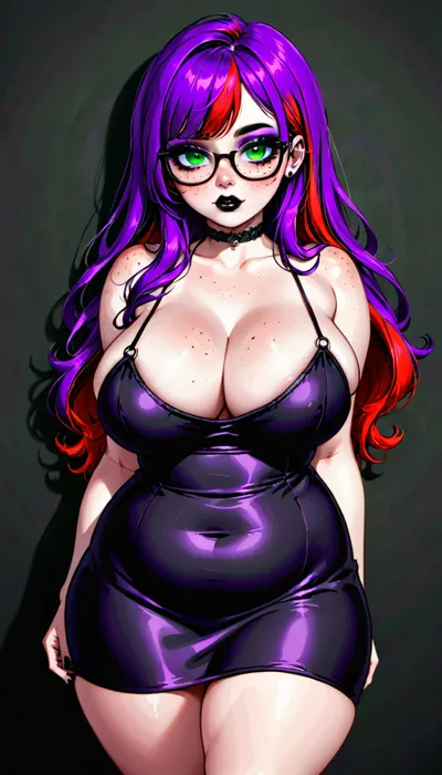sexy goth woman, 18 years old, long hair and bangs, purple hair with red highlights, freckles, glasses, green eyes, British, eyeliner, mascara, purple eyeshadow, black lipstick, chubby, large breasts, black dress