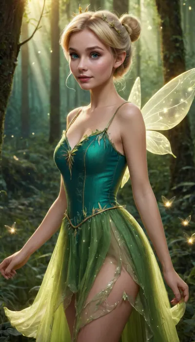 Tinkerbell, petite blonde fairy, pixie stature, blonde hair in messy bun, blue eyes, cute, young, beautiful face, wearing a tattered green dress, green fairy wings, tiny waist, slender petite body, pale skin, fair skin, glowing skin, magical fairy forest background, enchanted, glowing green fireflies, moonlight, magical appearance, highest quality, dreamlike, 4k uhd, fairy, dress, <lora:xl_fairy_dress-1.0:.6>