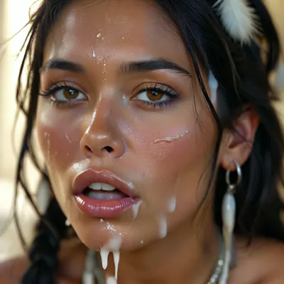 30 year old female native indian american queen, covered in thick white realistic cum, sexy expression, orgasm, orgasm face, Mouth half open, tongue on lip, eyes half closedwoman, cum, on, face, <lora:MJ52:.3>, <lora:BUT_SDXL_SHS:1.3>, <lora:add-detail-xl:.7>, <lora:CinematicStyle_v1:2>, <lora:JustCum:1.5>