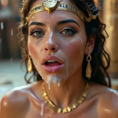 30 year old female ancient egyptian queen, covered in thick white realistic cum, sexy expression, orgasm, orgasm face, Mouth half open, tongue on lip, eyes half closedwoman, cum, on, face, <lora:MJ52:.3>, <lora:BUT_SDXL_SHS:1.3>, <lora:add-detail-xl:.7>, <lora:CinematicStyle_v1:2>, <lora:JustCum:1.5>