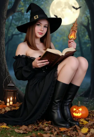 (masterpiece), (highest quality), (photorealistic), (super-detailed), (1 girl:1.2), Enchanted Forest, Halloween, full moon, young witch, (sitting on the ground:1.1), (reading an open ancient spell book:1.2), (holding a magic lamp:1.3), (luxurious black gothic dress:1.1), barely covered chest, puffy sleeves, high boots, black pointed hat with a gold buckle, (Halloween), (full moon in the background:1.2), silhouettes of bats, dark enchanted forest, eerie trees, (jack-o'-lantern on the ground:1.2), flickering candles, autumn leaves, mystical atmosphere, soft lighting, bokeh.