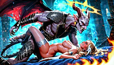 Two fantastic beings having sex, one, A NUDE female angel with large gray wings, delicate white gown, golden halo, glowing aura, fair skin, blonde hair, blue eyes, angelic face, seraphim or archangel appearance. The other one is a FULLY NUDE male demon with dark skin, black horns, sharp claws, fangs, red eyes, black leather armor, large bat-like wings unfolded behind him, demonic horns, scaly skin, smirking evil grin, fiery sky backdrop, epic fantasy artwork, highly detailed, dramatic lighting, cinematic pose, intense action scene, digital painting, ultra-realistic, 4k resolution, masterpiece work of art.
They are both having passionate sex in a dimly lit bedroom, the man is leaning over the woman, supporting his weight on his arms, while they are both fully naked. the woman have huge tits and is laying on her back with her legs wrapped around the man's hips. both individuals have very fit athletic bodies with defined muscles, the man is thrusting into the woman forcefully, while she moans and wraps her arms around his neck. their faces show expressions of pure ecstasy as they become one. intimate close-up, high-quality photorealism, soft ambient lighting, dramatic shadows, focus on the intimate connection between the couple, deep focus on genitals during intercourse, in the heat of passion, steamy sweatiness, wetness, realistic details, masterpiece, 8k resolution, film grain, bokeh effect, realistic skin texture, body details, natural hair, jewelry, eye contact, flirty glancest, both having orgasm