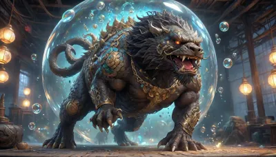 Kyoto Animation stylized anime mixed with tradition Chinese artworks~ A beastly muscular black foo dog, saliva, flying at modern cyberpunk fantasy world. Cinematic Lighting, ethereal light, intricate details, extremely detailed, incredible details, full colored, complex details, insanely detailed and intricate, hypermaximalist, extremely detailed with rich colors. masterpiece, best quality, aerial view, HDR, UHD, unreal engine. plump looking at the camera, smooth thighs, (glittery jewelry), ((acrylic illustration, by artgerm, by kawacy, by John Singer Sargenti), dark Fantasy background, glittery jewelry, Representative, Rich in details High quality, gorgeous, glamorous, 8k, super detail, gorgeous light and shadow, detailed decoration, detailed lines), CL_4Guardians, Azure_Dragon, beastly muscular gold fish, Rosefinch, Giant_Tortoise, Kylin, cinematic ambient lighting, masterpiece, ((((extremely realistic detailed lighting, extremely realistic detailed shadows, extremely realistic detailed skin texture, extremely realistic detailed skin pores, extremely realistic detailed micro fur, extremely realistic detailed air bubbles, best quality, ultra-detailed, HDR, sharp focus, highest resolution, highest resolution ass:1.4)))), <lora:CL_4Guardians_XL_v1:2>, <lora:436263_training_data:2>, <lora:绪儿-大鱼 goldfish:2>, <lora:BubbleXL:2>