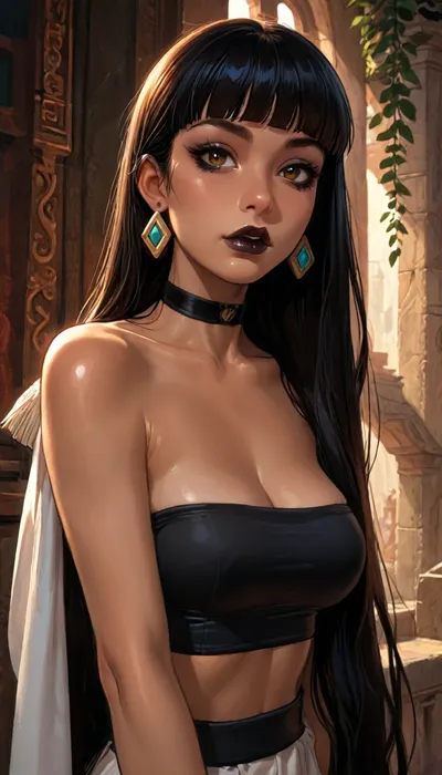 (reiq style:1), chel from eldorado, (dark skin:2), goth makeup, black lipstick, ((very long black hair, fringe)), body and face piercing, choker, black tube top, black pantyhose, big tits, detailxl, Melkor Mancin artstyle, score_9, score_8_up, score_7_up, <lora:ratatatat74-000050:1.7>, <lora:LCMTurboMix_Euler_A_fix:1.1>, <lora:detailed_notrigger:1.7>, <lora:add-detail-xl:1.6>, incase, style, <lora:287175_training_data:.8>