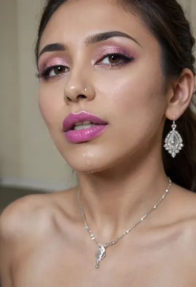 Indian sexy beautiful mature woman 18 years old, (high-quality facial detailing with long eyelashes and plump lips), (Indian face:1.9), stylish, sensual, curvy, in a transparent tight-fitting sequined dress, (big tits), she has shiny maroon-pink lipstick, (pink-purple areoles are visible, nipples with piercings), an exquisite necklace and gold bracelets, she has long hair tied up in a bun, nipple ringsnipple, nipple ringsnipple rings, pussy view, slit pussy, slender long legs with a high waist, fishnet stockings, green stilettos, seductive grins, dark skin., CUM, DONATION, ASSISTANCE, FELLATIO, TITS, SEX, HANDJOB, FOOTJOB, AFTER, VAGINAL, woman, cum, on, face, artoflips, uoclips, lips, lipstick, art, of, Winter, Waterfall, <lora:CUM DONATION ASSISTANCE:2>, <lora:JustCum:1.3>, <lora:Art_Of_Lips_PONY_XL_By_UOC:1>, <lora:Winter Waterfall:1.4>