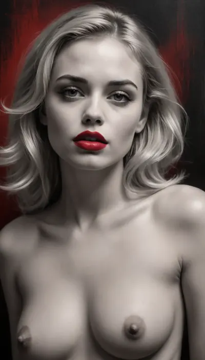 black and white, charcoal painting, beautiful blonde woman in black and white, 24y.o, nude, full body view, only her lips are red. The drawing is on a vintage textured background, a black and white charcoal painting, womans lips are red