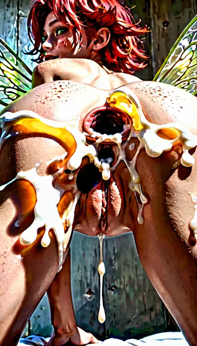 Tiny fairy. Red hair freckles and green eyes with wings. Side facing spreading ass and pussy. Long labia hanging. Anal gape.cum drpping . Perky breast showing. Shaved pussy. uncensored.