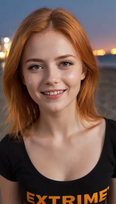 detailed face portrait, background beach at night time, young adult Russian girl, 18 yo, gorgeous breasts, orange hair, semi opened eyes, smiling, black T-shirt, ((print with words "EXTRIME")), protruding nipples, hands behind back, cum, string, ejaculation, on, face, taking, cumshot, <lora:cumshot_49:.5>