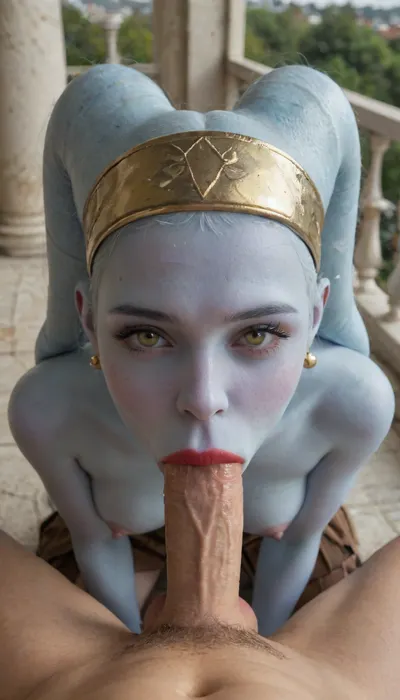 Twi-lek girl, ((pov deepthroat blowjob)), viewer sitting, viewer looking down at model, ((warm lighting)), sunlight, golden hour, (light pale blue skin:1.5), light blue head-tails, pasty skin with rosy undertones, (((no hair))), (bright pale golden eyes), viewer's dick in mouth, (((ballsdeep))), (((ballsdeep blowjob))), (((ballsdeep deepthroat))), (((swallowing dick))), (((dick deep in mouth))), (((face pressed against crotch))), ((model grabbing base of dick)), squatting, looking up at viewer, brown skirt, gold headband, tits out, nipples exposed, red lipstick, glistening red lips, pink nipples, small tits, skinny build, blowjob, white dick, (((dick wet with spit))), glistening dick, wet dick, bulging cheek, wide eyed, lusty expression, palace seville, balcony, sky view detailxl, 4ng3l, face, <lora:SDXL_BetterFaces-LoRA_v1:.8>