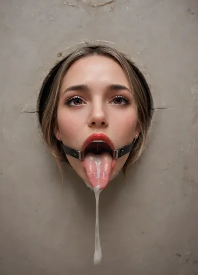 (futuristic space station:1.1), (top view:1.4), ((lower body hidden in a silver bdsm machine:1.7)), ((sticking through the wall:1.7)), (mouth sticking out of a comfortable bdsm machine:1.7), (only mouth visible:1.7), ., (gag with a wide mouth expander ring:1.7), (focus on the very wide open mouth:1.7), (happy:1.7), (thin false red lips:1.6), (rounded tongue at the end:1.5), (light pink flat wide tongue:1.6), ((very long tone:1.7)), (lots of liquid cum in mouth:1.5), (white teeth:1.2), (cum on face:1.3), (backlight, directed at the throat:1.4), free use, (sperm everywhere, near the head:1.1), (sexuality:1.4), (very satisfied), (large colored inscriptions on the wall), (perfect composition of light and shadows:1.1), (tip of tongue clamped in a clamp:1.5), (masterpiece:1.3), professional color photography, ray tracing, high resolution, zavy-hlbckdrp, hole, through, foreground, <lora:zavy-hlbckdrp-sdxl:.8>