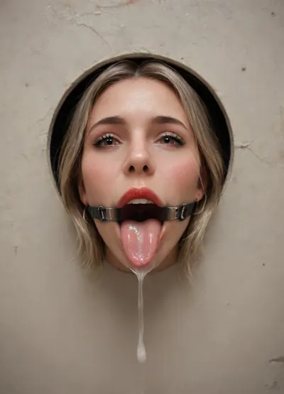(futuristic space station:1.1), (top view:1.4), ((lower body hidden in a silver bdsm machine:1.7)), ((sticking through the wall:1.7)), (mouth sticking out of a comfortable bdsm machine:1.7), (only mouth visible:1.7), ., (gag with a wide mouth expander ring:1.7), (focus on the very wide open mouth:1.7), (happy:1.7), (thin false red lips:1.6), (rounded tongue at the end:1.5), (light pink flat wide tongue:1.6), ((very long tone:1.7)), (lots of liquid cum in mouth:1.5), (white teeth:1.2), (cum on face:1.3), (backlight, directed at the throat:1.4), free use, (sperm everywhere, near the head:1.1), (sexuality:1.4), (very satisfied), (large colored inscriptions on the wall), (perfect composition of light and shadows:1.1), (tip of tongue clamped in a clamp:1.5), (masterpiece:1.3), professional color photography, ray tracing, high resolution, zavy-hlbckdrp, hole, through, foreground, <lora:zavy-hlbckdrp-sdxl:.8>