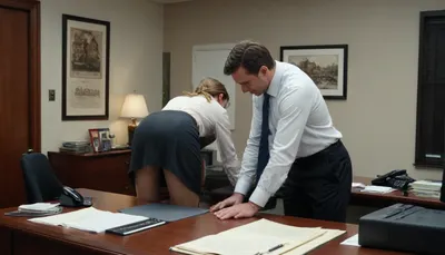 ((1 Secretary and a 1 man)), (((Man fuck the secretary from behind bend over the office desk))), look in side view