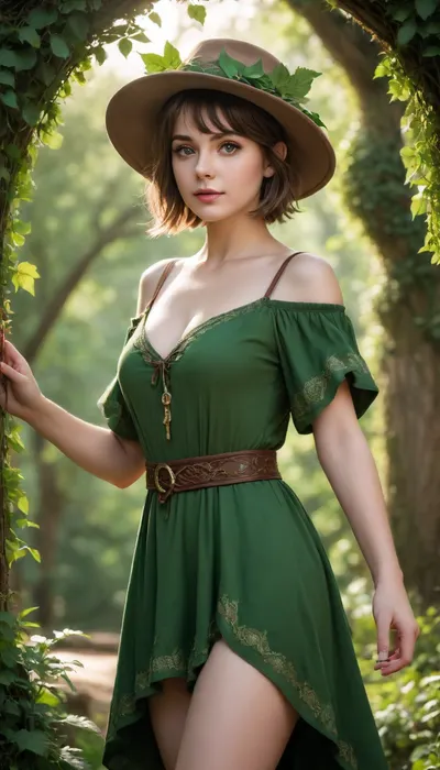 Realistic photography, Fantasy, magical, medieval, solo, 1girl, mage, mage robe, short loose dress, mage hat, leaf designs, short hair, round face, big bright eyes, broad shoulder, deep collarbone, squeezed cleavage, slim waist, calm, alluring, detail background, backlight, green nature magic circle, vines, leaf, tree, <lora:EnvyCuteSliderXL01:2>