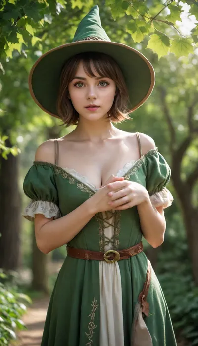 Realistic photography, Fantasy, magical, medieval, solo, 1girl, mage, mage robe, short dress, mage hat, leaf designs, short hair, round face, big bright eyes, broad shoulder, deep collarbone, squeezed cleavage, slim waist, calm, alluring, detail background, backlight, green nature magic circle, vines, leaf, tree, <lora:EnvyCuteSliderXL01:2>